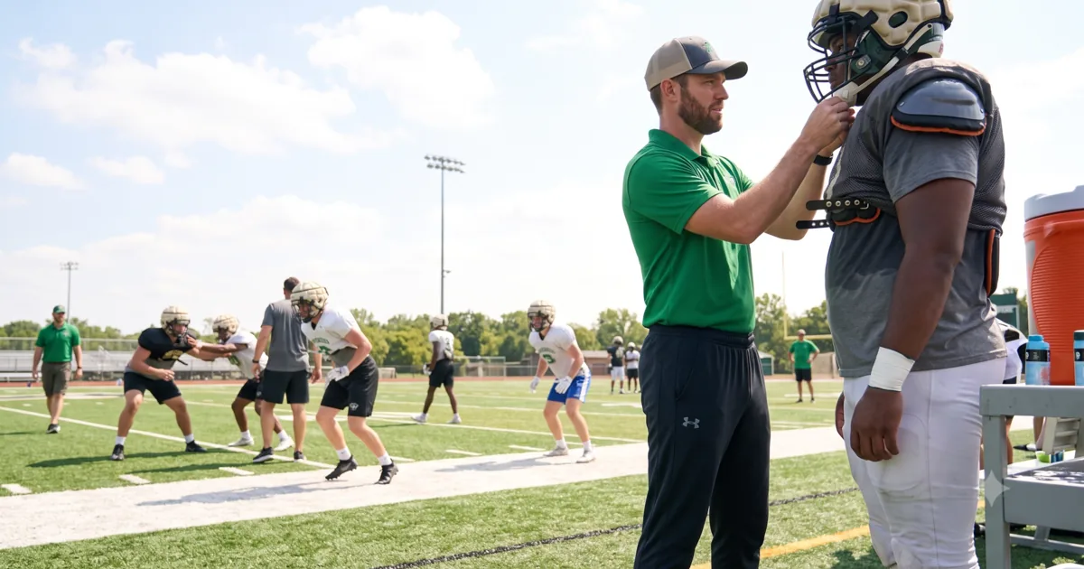 Athletic trainer adjusting a youth football player’s helmet during a hot outdoor practice