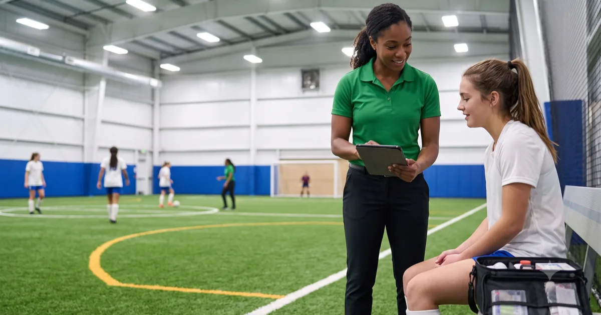 Athletic trainer in a green polo checking on a youth soccer player on the sideline of an indoor turf facility