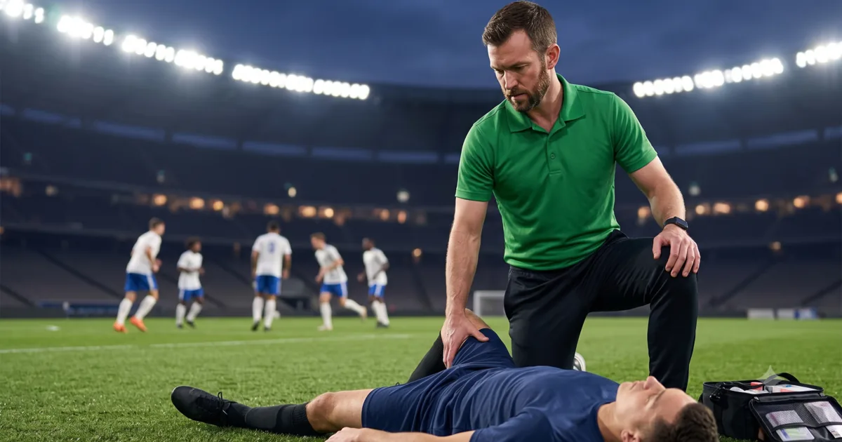 Athletic trainer providing emergency care to a soccer player on the field during a stadium match