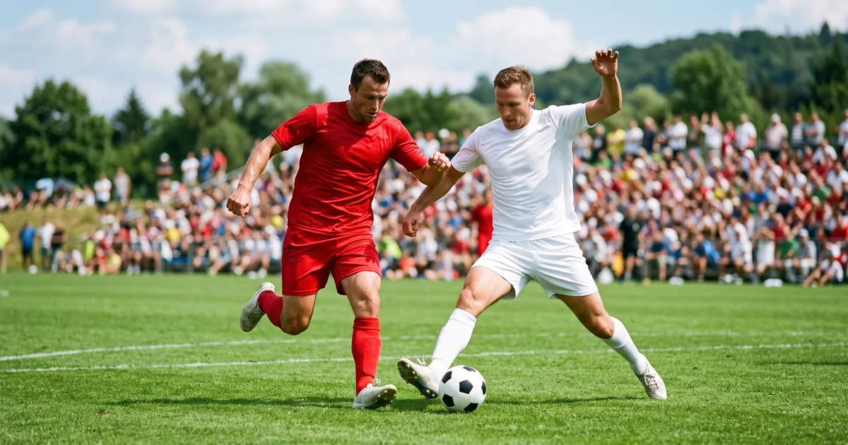 Two soccer players competing for the ball during a match, illustrating athletic trainer staffing for soccer clubs