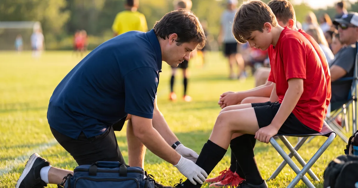 Athletic trainer evaluating a young soccer player's ankle injury on the sideline
