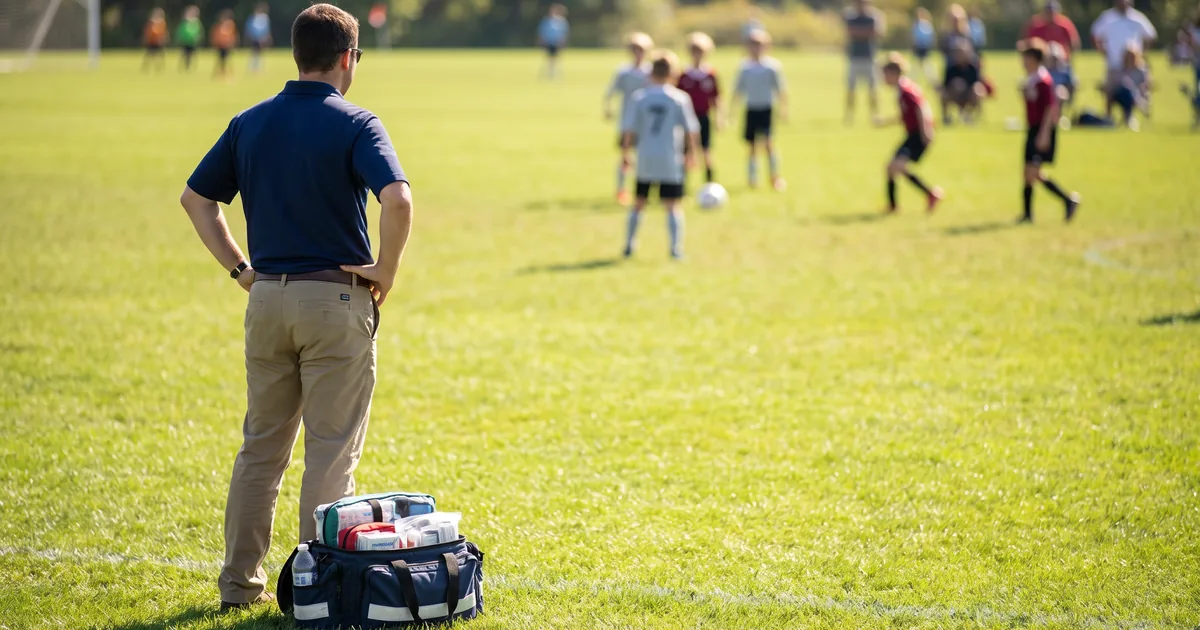 Premier Sports Medicine certified athletic trainer covering a youth soccer sideline for Tonka United Premier Sports Medicine certified athletic trainer covering a youth soccer sideline for Tonka United