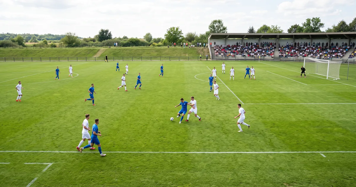 Wide view of a competitive soccer match on a grass pitch with spectators in the grandstand